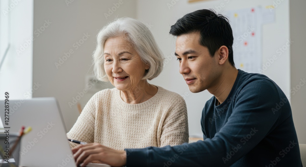 Senior woman and young man collaborating on laptop at home Senior woman and young man collaborating on laptop at home