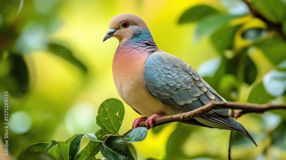 Colorful pigeon perched on branch amidst lush foliage Colorful pigeon perched on branch amidst lush foliage