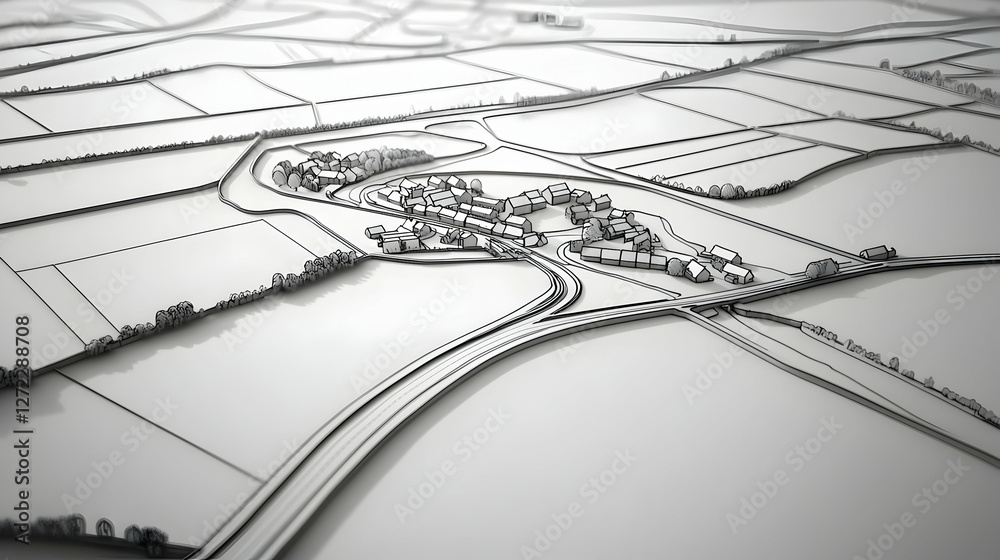Obraz premium Aerial view of rural community development plan, roads, and fields, showing infrastructure expansion