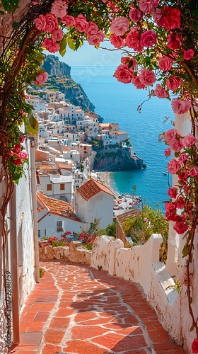 White arch of pink roses over a Mediterranean village, phone wallpaper