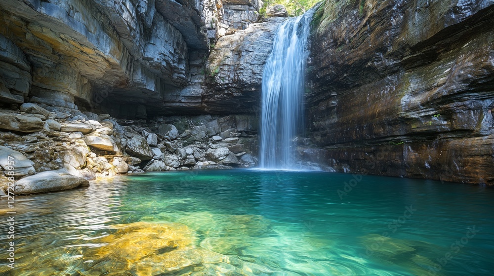 Naklejka premium Serene Waterfall in Lush Green Surroundings