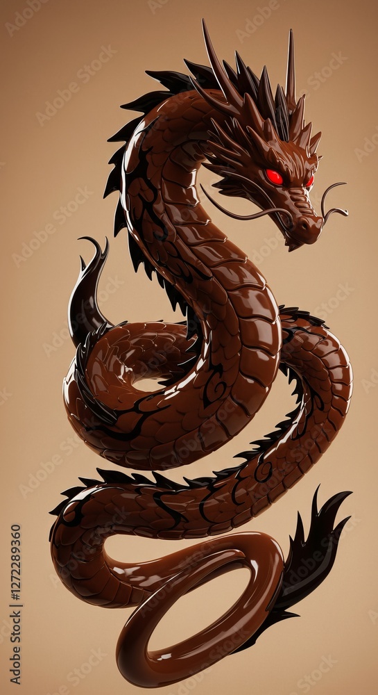 Naklejka premium Majestic chocolate dragon with red eyes and intricate scales in a mystical hovering pose