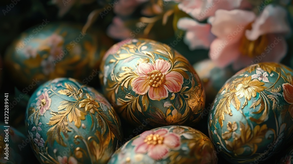 Close-up of Easter eggs with floral patterns Close-up of Easter eggs with floral patterns
