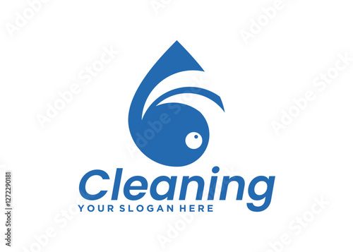 Cleaning service design with blue water drops and waves isolated on white background