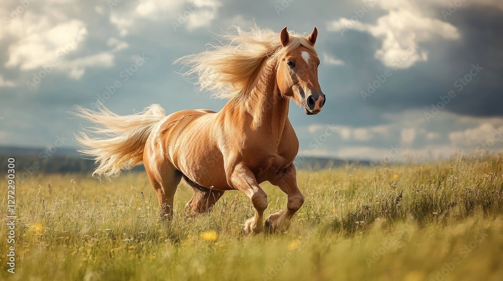Golden horse galloping across a lush green meadow Golden horse galloping across a lush green meadow