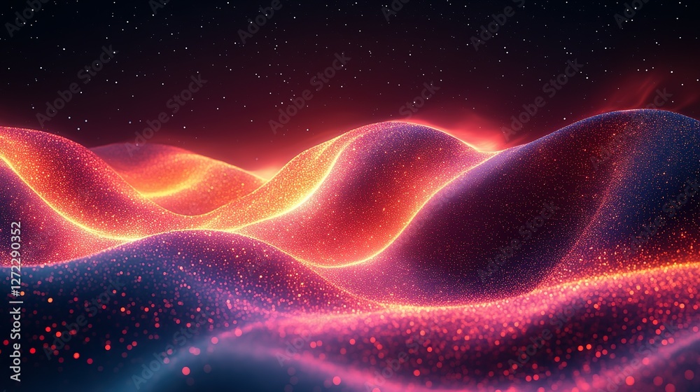 Abstract Glowing Particle Wave Landscape Under Night Sky Abstract Glowing Particle Wave Landscape Under Night Sky