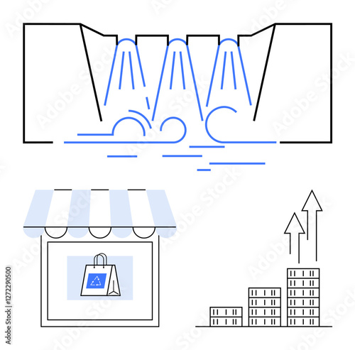 Flowing waterfall, storefront with shopping bag, and an upward-moving bar graph. Ideal for business, growth, retail, strategy, flow sustainability e-commerce. Abstract line flat metaphor