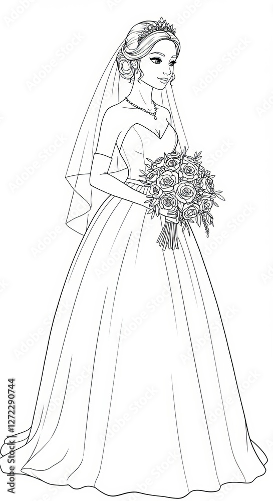 Elegant bride holding bouquet in classic wedding gown line art drawing Elegant bride holding bouquet in classic wedding gown line art drawing