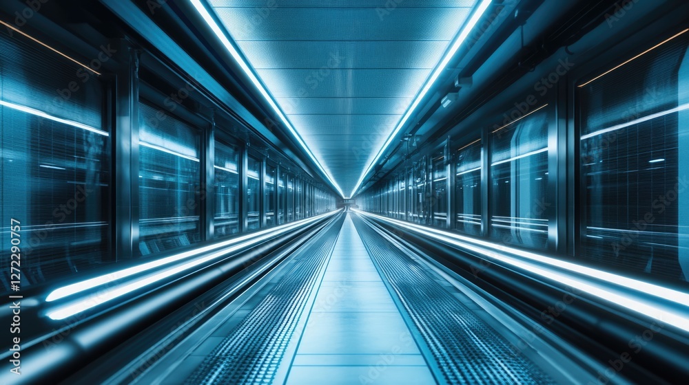 Futuristic Blue Neon Tunnel: A Moving Walkway into the Digital Age