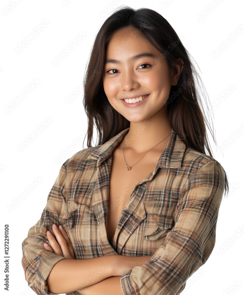portrait of a young smiling Asian woman wearing plaid shirt, isolated on white transparent background portrait of a young smiling Asian woman wearing plaid shirt, isolated on white transparent background