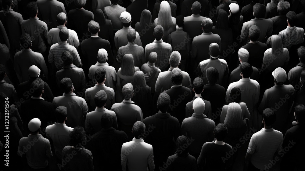 Fototapeta premium A captivating black and white image of a diverse crowd from a top-down perspective, showcasing unity in anonymity and the collective energy of a gathering.