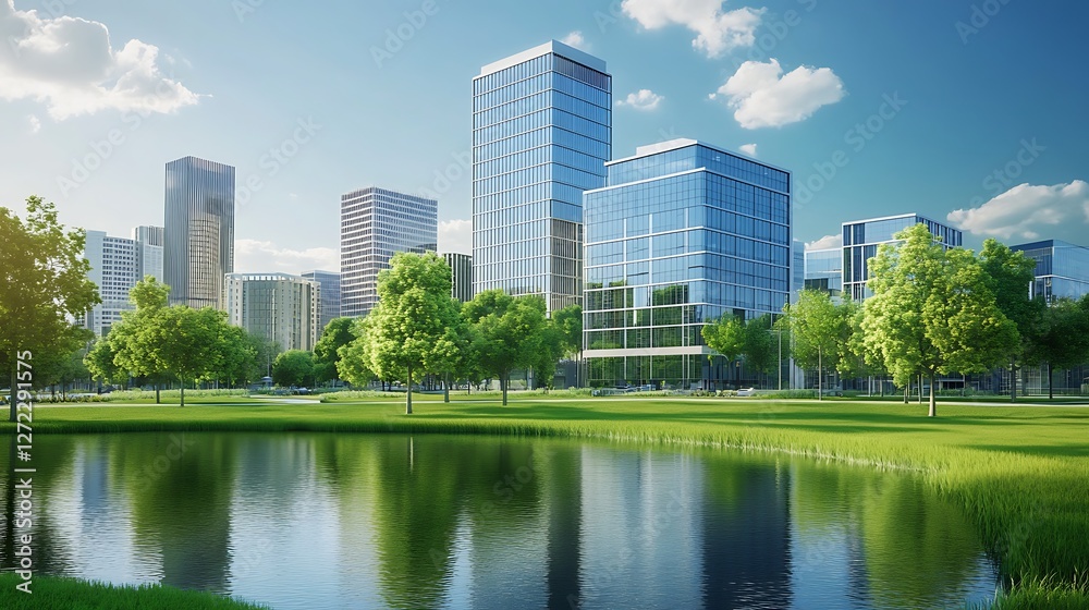 Modern Cityscape Featuring Green Urban Park and Reflective Pond Modern Cityscape Featuring Green Urban Park and Reflective Pond