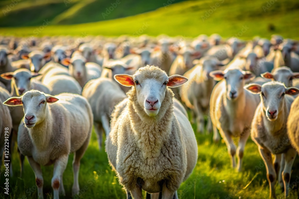 Obraz premium Leading the Flock: Close-Up Drone Shot of White Sheep Guiding Black Sheep Herd