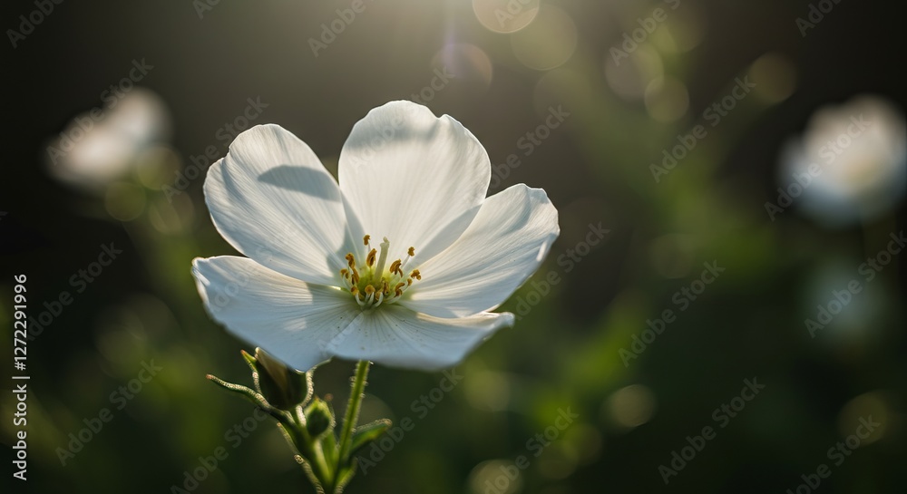 Fototapeta premium White cosmos flower lit by the soft glow of sunrise in a peaceful garden setting