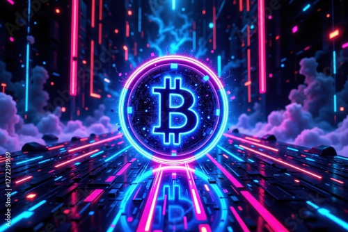 Futuristic Neon Bitcoin Symbol with Digital Effects