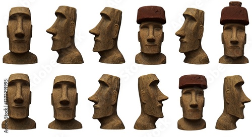 Various angles of moai statues with traditional pukao topknots