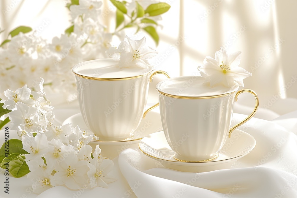 Two elegant tea cups with white flowers and drapery Two elegant tea cups with white flowers and drapery