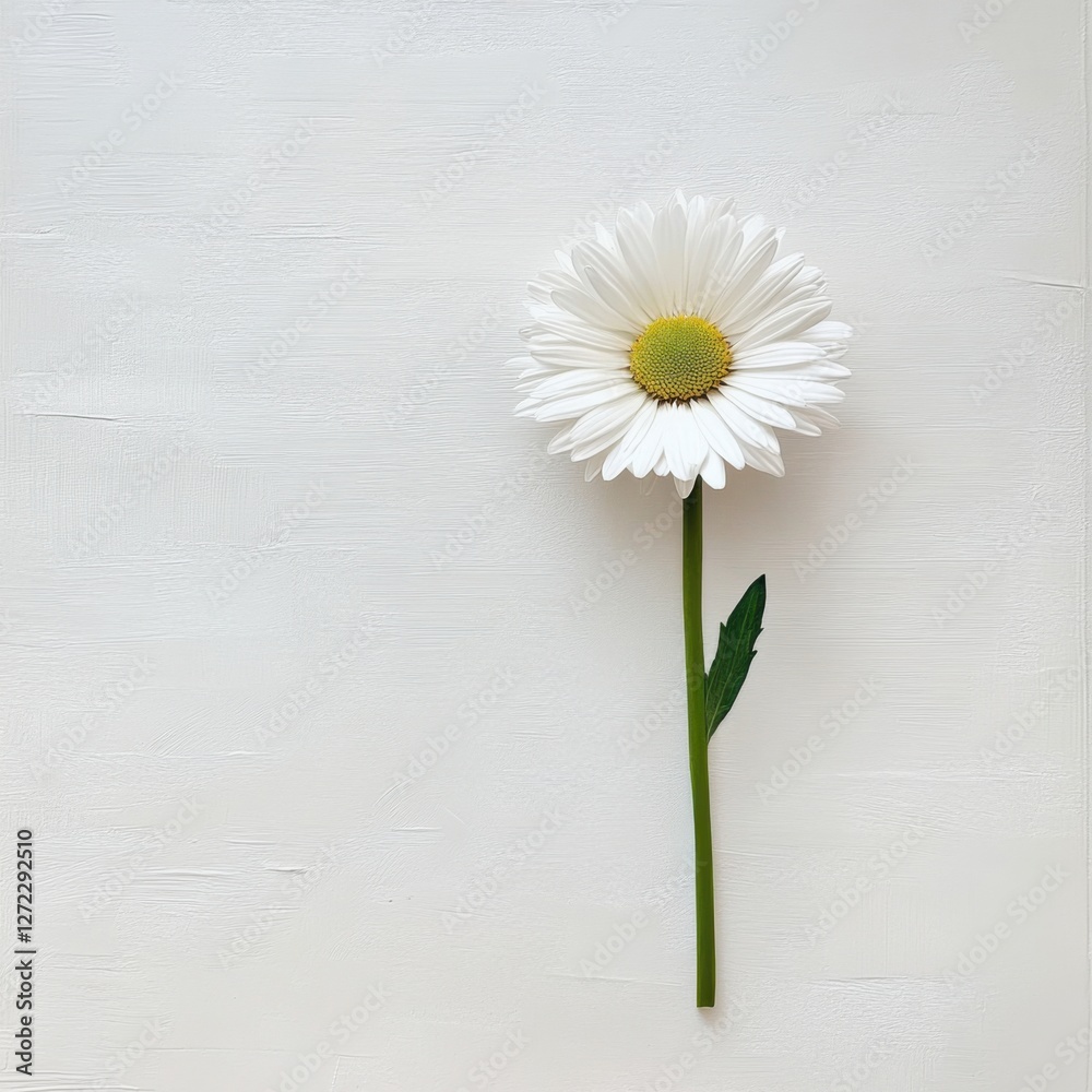 Obraz premium Single white daisy centered on a pure white background, soft natural lighting, minimalistic and elegant composition, ultra-detailed realism