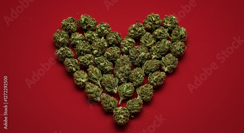 Heart shaped cannabis buds on red background: love and nature concept