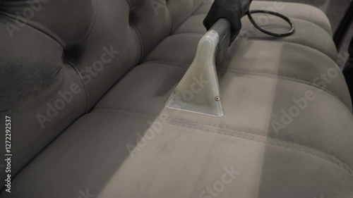 Cleaner is dry-cleaning sofa using extractor machine with detergent 4k video. Using extractor to refresh and clean from dust and stains upholstered furniture.