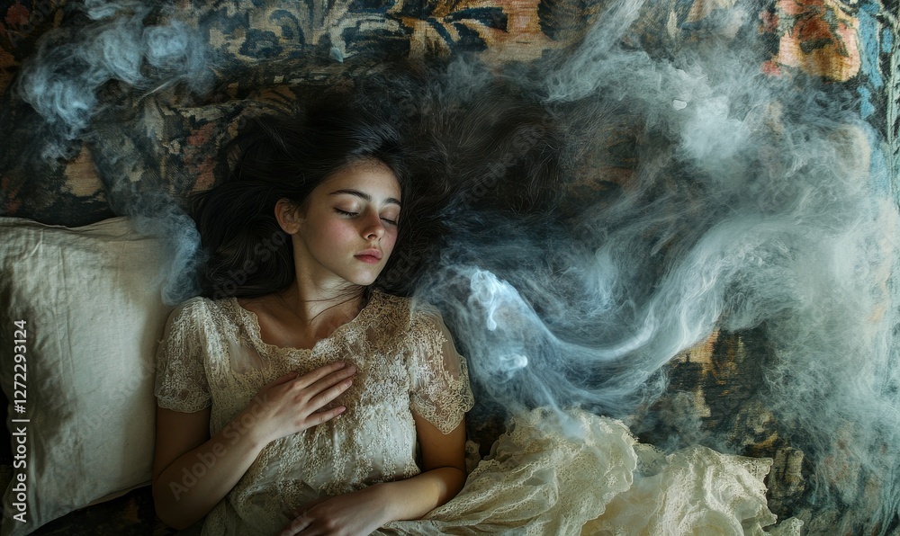Naklejka premium Sleeping woman surrounded by dreamy, ethereal mist, conveying calm atmosphere.