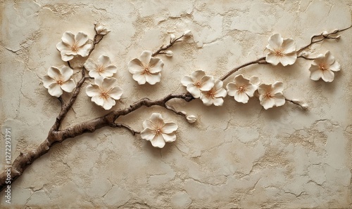 A textured stucco panel featuring a sweeping cherry blossom branch with perfectly formed petals.