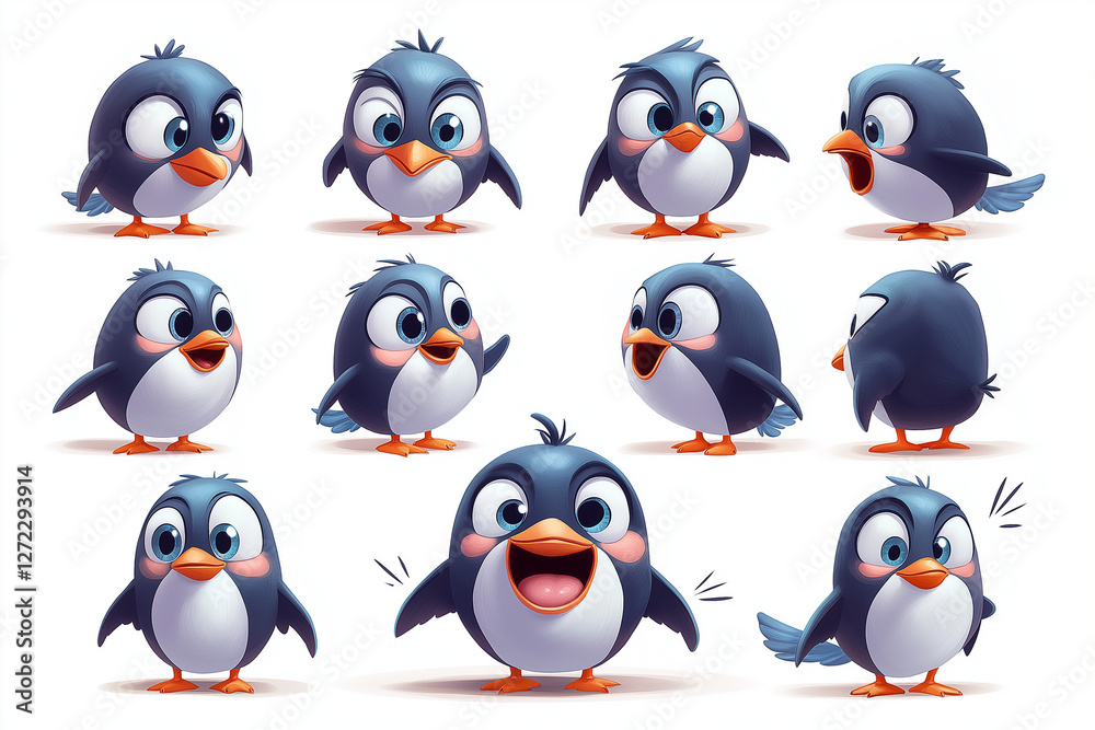 Obraz premium Cute Cartoon Penguin Character Expressions and Emotions Set - Digital Art Animation Reference Sheet