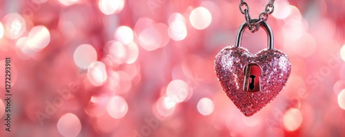 Heart shaped lock hanging from a chain surrounded by soft pink bokeh lights