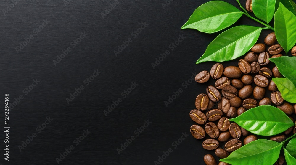 Obraz premium Roasted Coffee Beans and Fresh Green Leaves