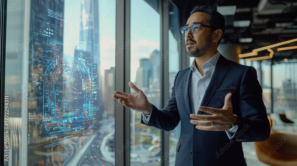 Fototapeta premium A man in a navy suit presents a tech hologram in a sleek office