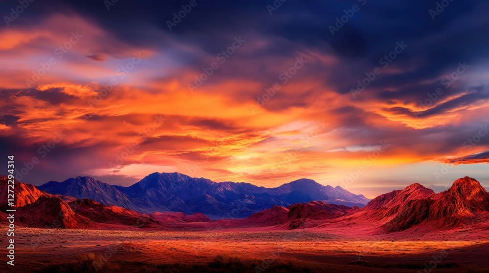 Naklejka premium A breathtaking view of a stunning sunset over rocky mountains, casting vibrant colors across the sky, creating a dramatic and serene landscape ideal for nature lovers and travelers
