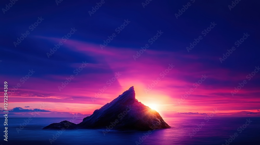 Fototapeta premium A breathtaking view of a solitary mountain peak illuminated by a vibrant sunset. Purples and oranges blend seamlessly, creating a serene atmosphere over the tranquil ocean.