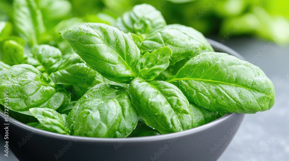 Fresh basil leaves in bowl, kitchen counter, food prep Fresh basil leaves in bowl, kitchen counter, food prep