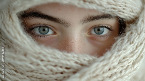 Beautiful close-up portrait of a person with striking eyes wrapped in a warm scarf during winter photo