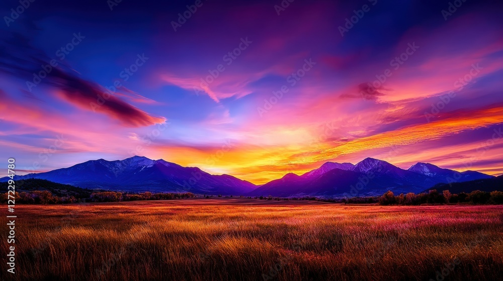 Obraz premium A breathtaking view of a colorful sunset over mountains, with vibrant orange, purple, and pink hues illuminating the sky above a serene, grassy field