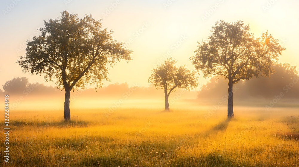 Golden Sunrise Illuminates Misty Meadow Trees