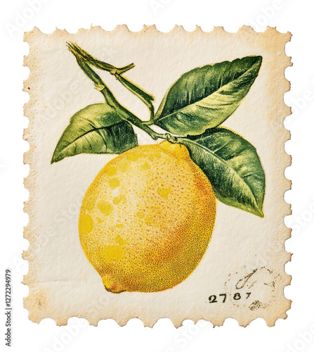 PNG Lemon postage stamp vintage fruit illustration.