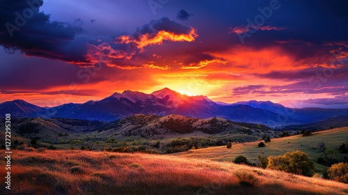 A breathtaking sunset illuminates the mountains, casting vibrant colors across the sky