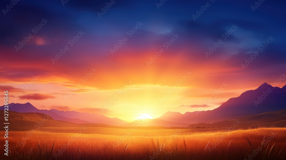 Obraz premium A breathtaking sunrise over a serene landscape, showcasing vibrant colors of orange and blue. The sun rises behind majestic mountains, illuminating the peaceful fields.