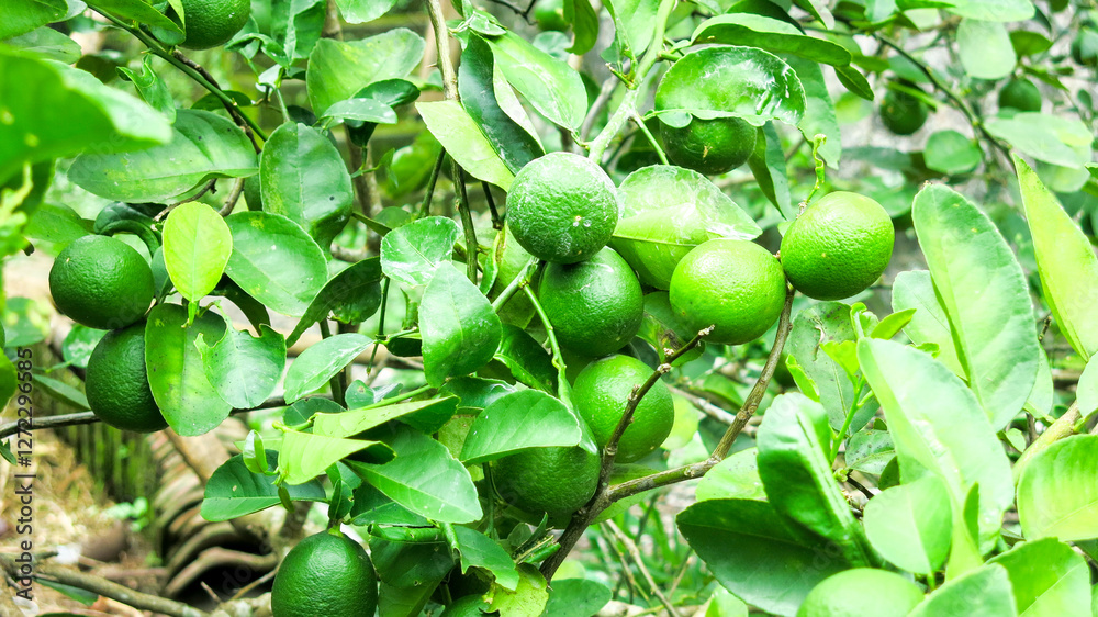 fresh green organic citrus lime fruit hanging on the tree branch.
