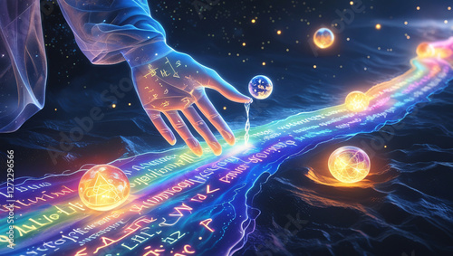 River of light and energy flows through it with a hand reaching in, spiritual, metaphysical
