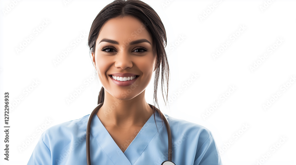 35-year-old woman nurse wearing a light blue scrub top, radiating warmth and support. white background. 35-year-old woman nurse wearing a light blue scrub top, radiating warmth and support. white background.