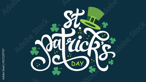 St. Patrick's day card, banner, poster, flyer, background isolated with Happy St. Patrick's day logo, text, hand drawn lettering, leprechaun hat clipart, four leaf clover outline, shamrock vector
