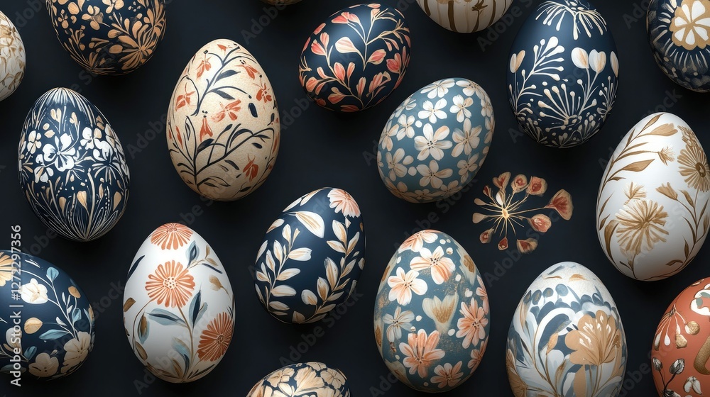 Close-up of Easter eggs with floral patterns Close-up of Easter eggs with floral patterns