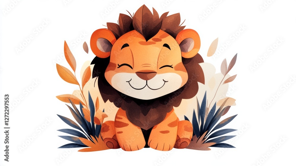 Fototapeta premium Adorable cartoon lion cub nestled amongst autumnal foliage. Warm, friendly illustration.