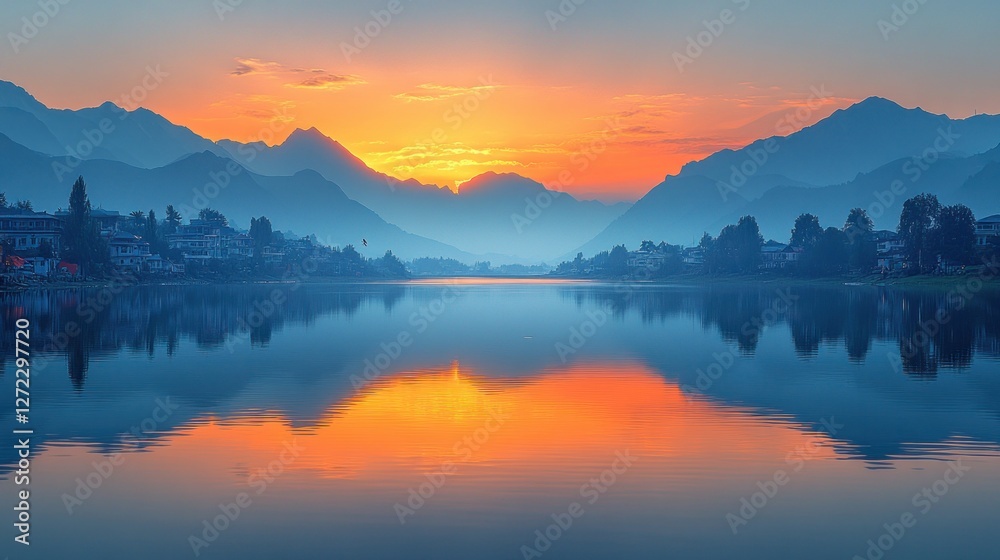Calm Dal Lake in Srinagar, Kashmir, with breathtaking mountains in the background Calm Dal Lake in Srinagar, Kashmir, with breathtaking mountains in the background