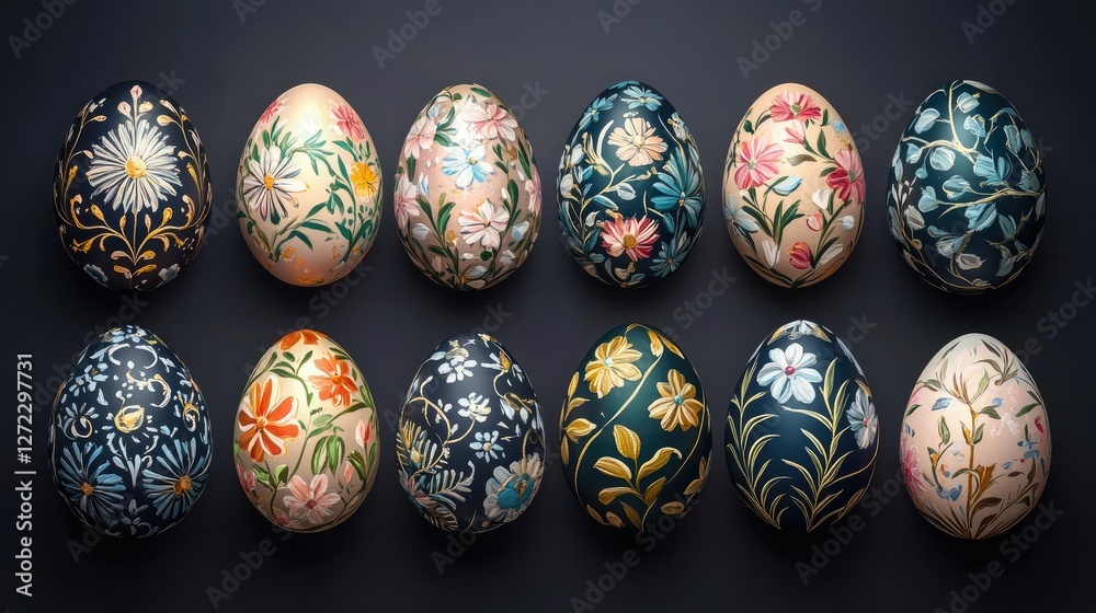 Close-up of Easter eggs with floral patterns Close-up of Easter eggs with floral patterns