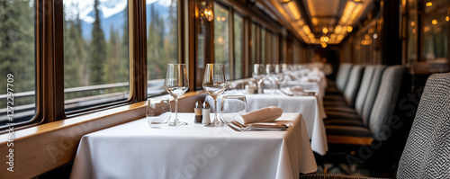 Elegant dining setup in a scenic train carriage with mountain views.