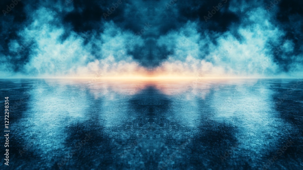 Moody atmospheric image of a dark, reflective surface with ethereal blue and orange light, creating a mysterious and captivating scene. Moody atmospheric image of a dark, reflective surface with ethereal blue and orange light, creating a mysterious and captivating scene.