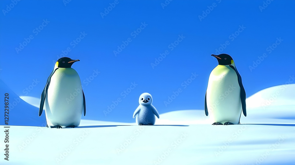 Naklejka premium Antarctic penguin family on snowy landscape, clear sky background, perfect for children's book illustration